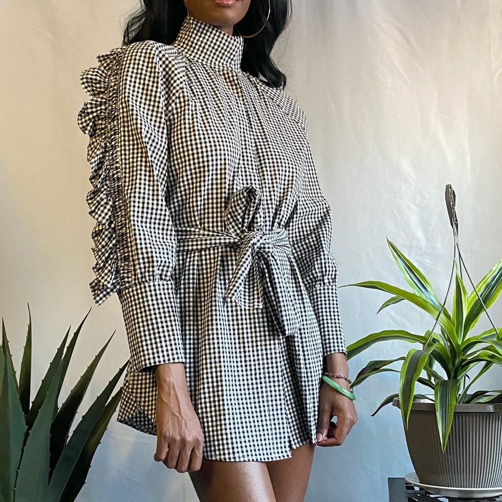 Printed black and white ruffle shirt dress